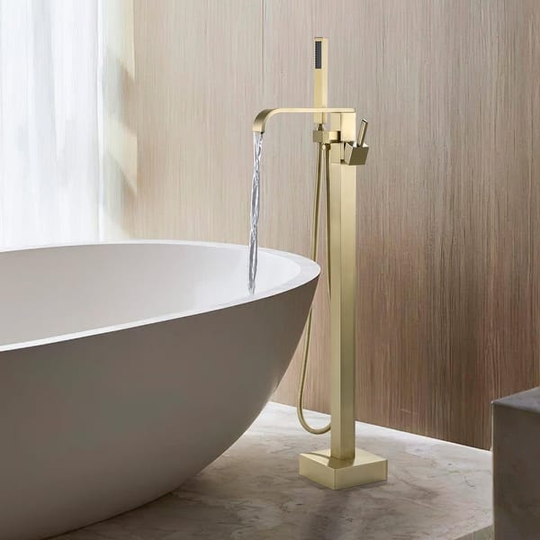 slide 2 of 12, 34.6"H Solid Brass Freestanding Waterfall Tub Filler with Handheld Shower Gold