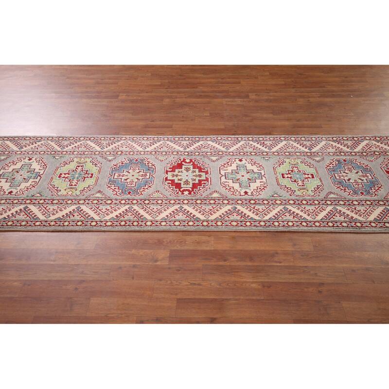 Grey Geometric Kazak Oriental Runner Rug Handmade Wool Carpet - 2'8" x 20'0"