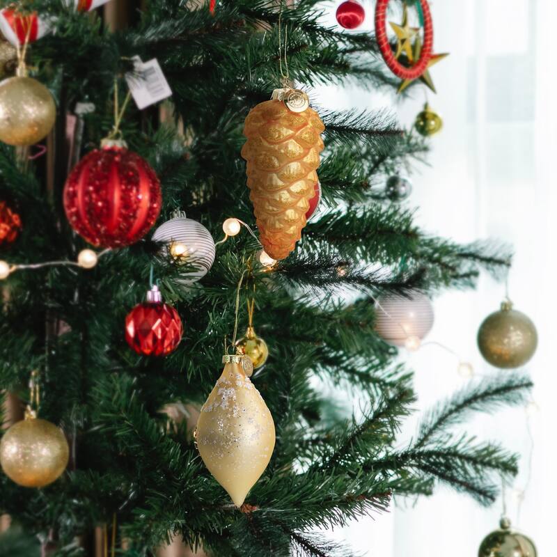 Christmas Cheer Pointed Ball and Pinecone 4 Piece Tree Ornament Set in Gold