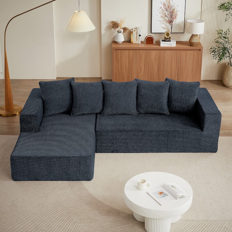 Blue 104.34'' Modular L-Shaped 3-Seat Sectional Sofa Set in Luxurious Chenille Fabric with Chaise - Minimalist Design - Left Blue