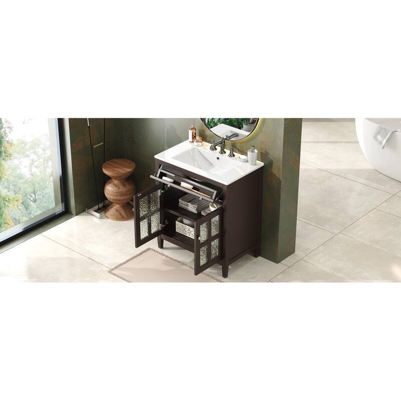 30" Vanity with Ceramic Sink, Equipped with Adjustable Shelf and Tip-Out Tray,with Solid Wood Legs,Metal Knobs and Close Hinges