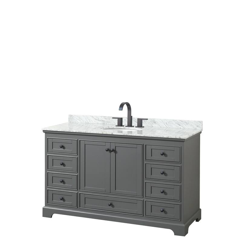 Deborah 60-inch Dark Gray Single Vanity, Oval Sink, No Mirror - Dark Gray, Black Trim, White Carrara Marble Top