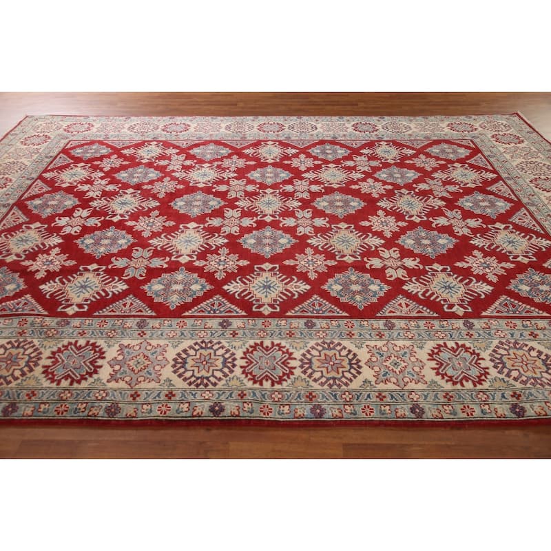 Red Geometric Kazak Area Rug Handmade Oriental Wool Carpet - 9'0"x 12'5"