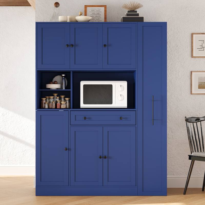Roomfitters Large Kitchen Pantry Cabinet with Pull-Out Side Storage and Hutch, Shaker Style Buffet - Blue