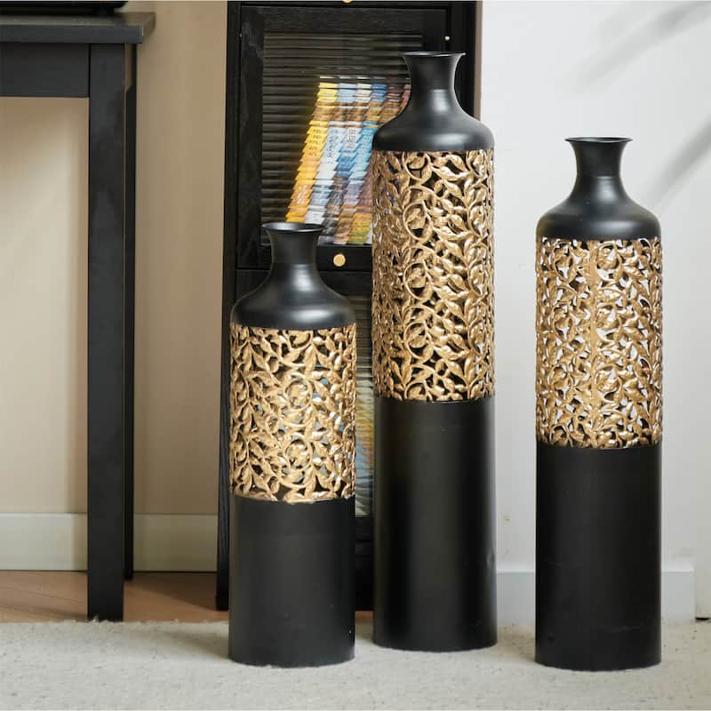 Decorated Floor Glazed Metal Vases (Set of 3)