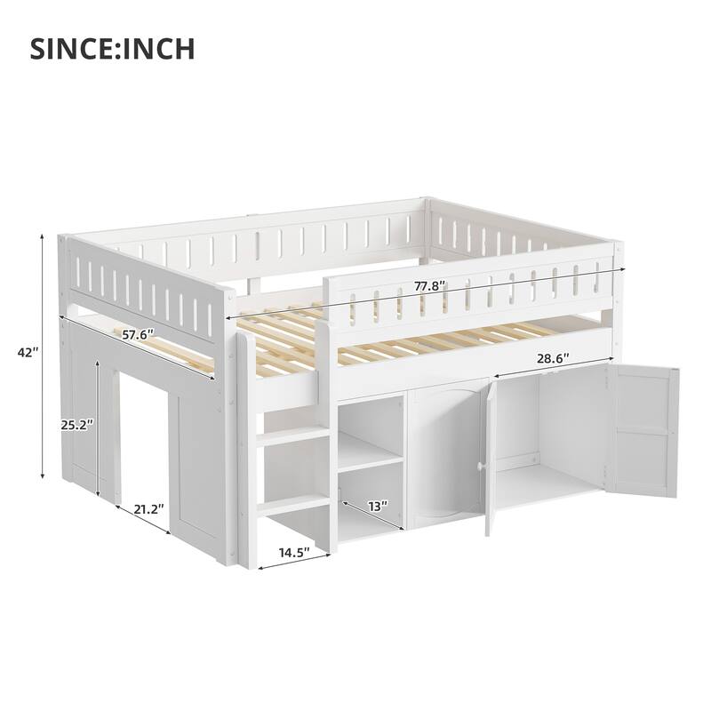 Roomfitters Full Size Loft Bed with Storage Cabinet, Open Shelves and Chalkboard Panel