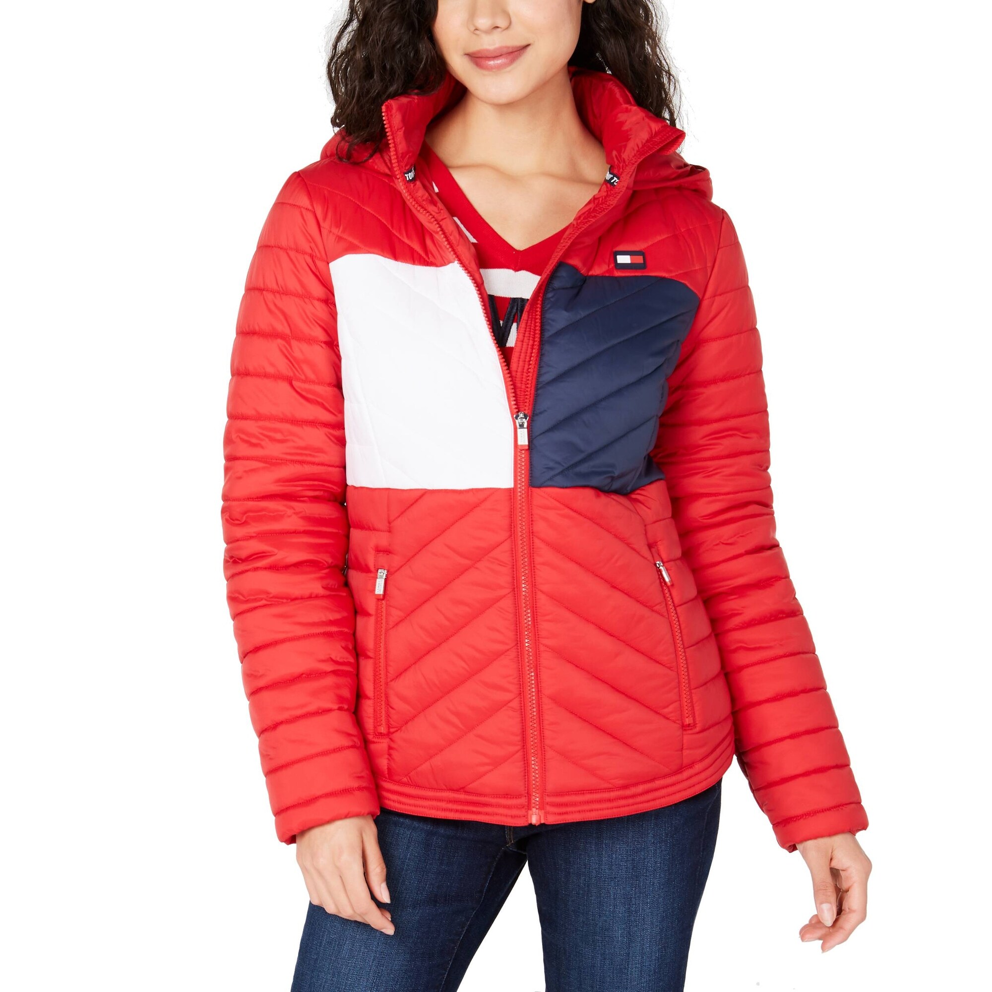 red and blue tommy hilfiger jacket