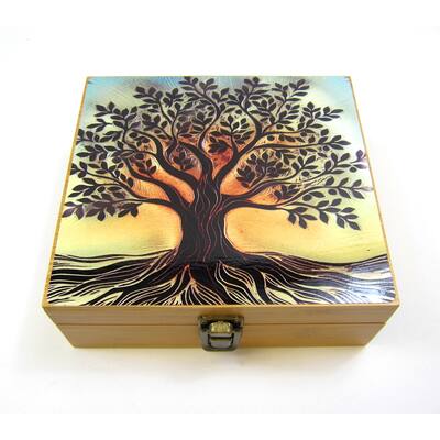 Herb & Spice Bamboo Stash Box Set, with Metal Grinder & Stash Jar, Tree of Life Design