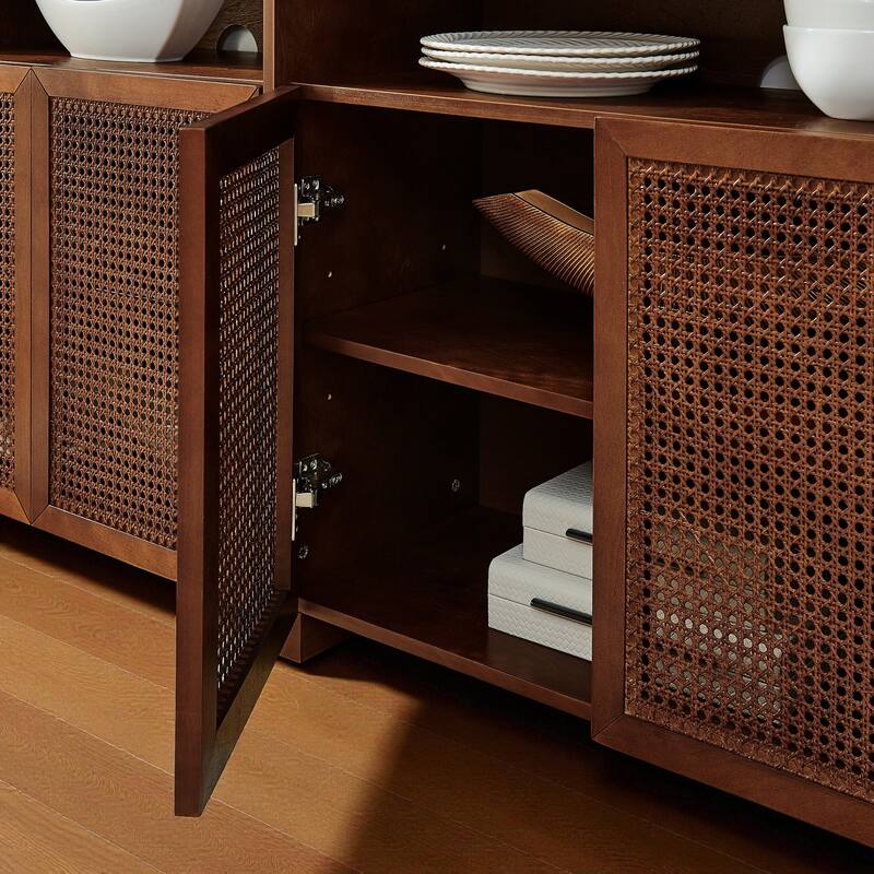 63" Mid-Century Modern Rattan Sideboard Buffet Cabinet with Adjustable Shelves, Storage Credenza for Living Room