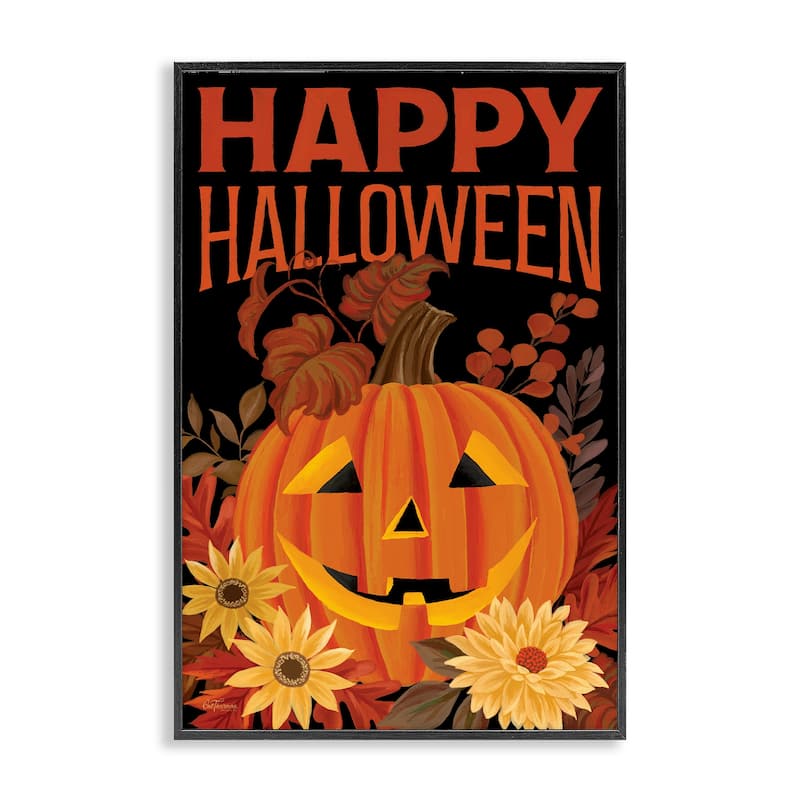 Stupell Happy Halloween Floral Pumpkin Framed Giclee Art Design By Cat Thurman Designs - 16 x 24 - Black