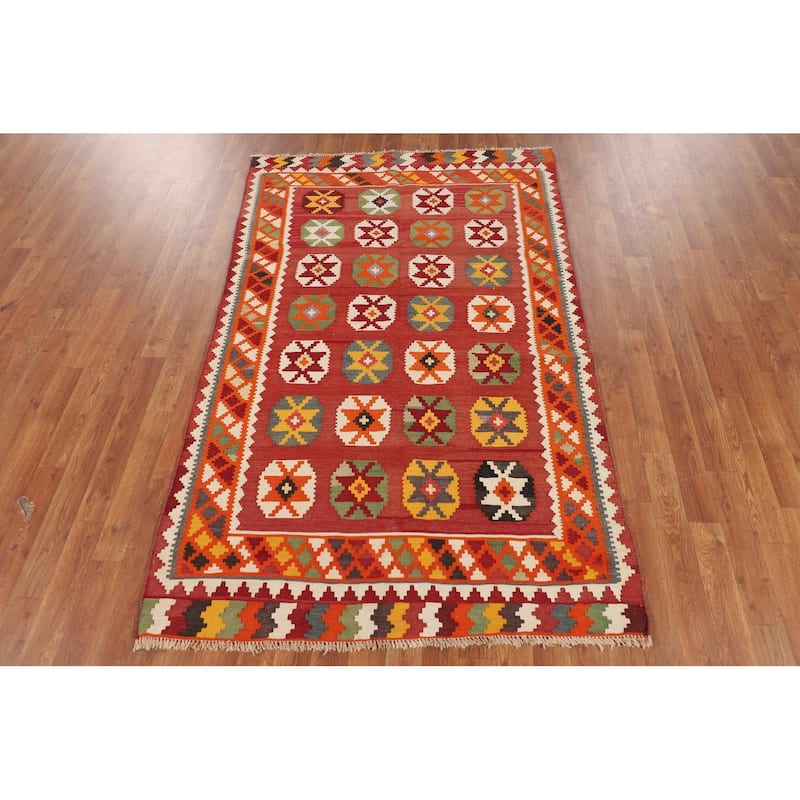 Vegetable Dye Kilim Qashqai Persian Vintage Flatweave Wool Carpet - 3'11"x 6'4"