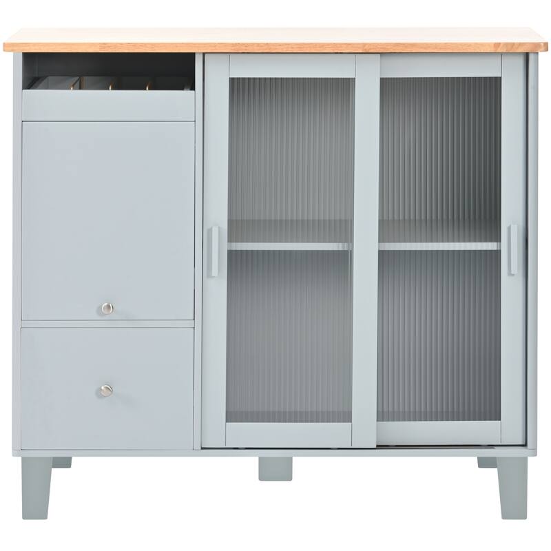 Rolling Kitchen Cart with LED Light, Fluted Glass Doors, Drop Leaf Top, and Adjustable Storage (White)