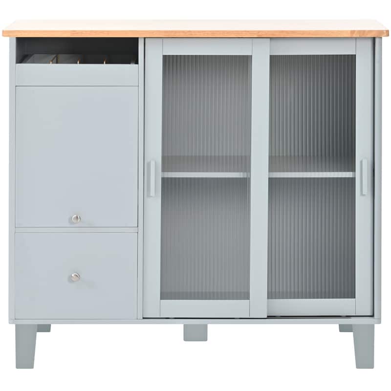 Sliding Glass Door Kitchen Island with Drop Leaf and LED, Grey Blue