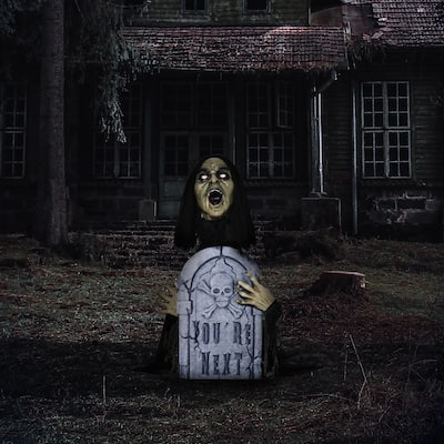 Outsunny 30" Life Size Outdoor Halloween Decorations Female Ghost with Tombstone, Animated Prop Animatronic Decor