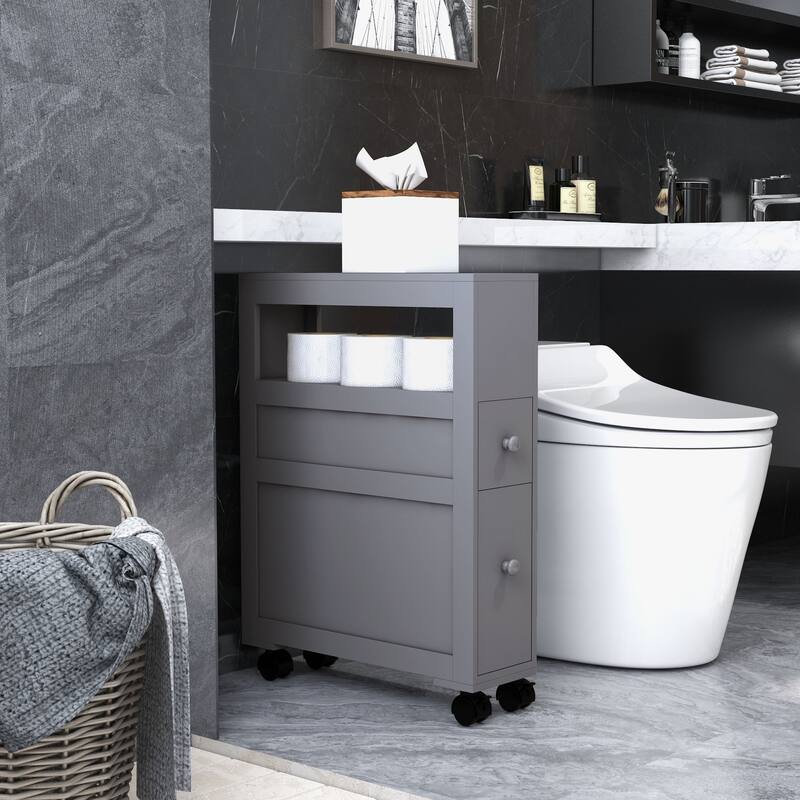 HOMCOM 6.25" x 20.5" x 28.25" Wood Rolling Narrow Bathroom Side Storage Cabinet - Gray - Painted - Grey