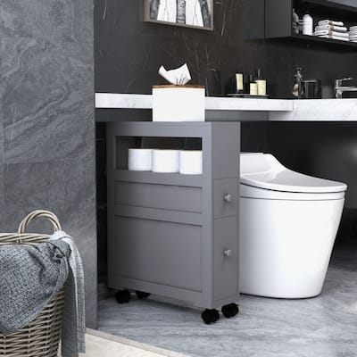 HOMCOM 6.25" x 20.5" x 28.25" Wood Rolling Narrow Bathroom Side Storage Cabinet - Gray