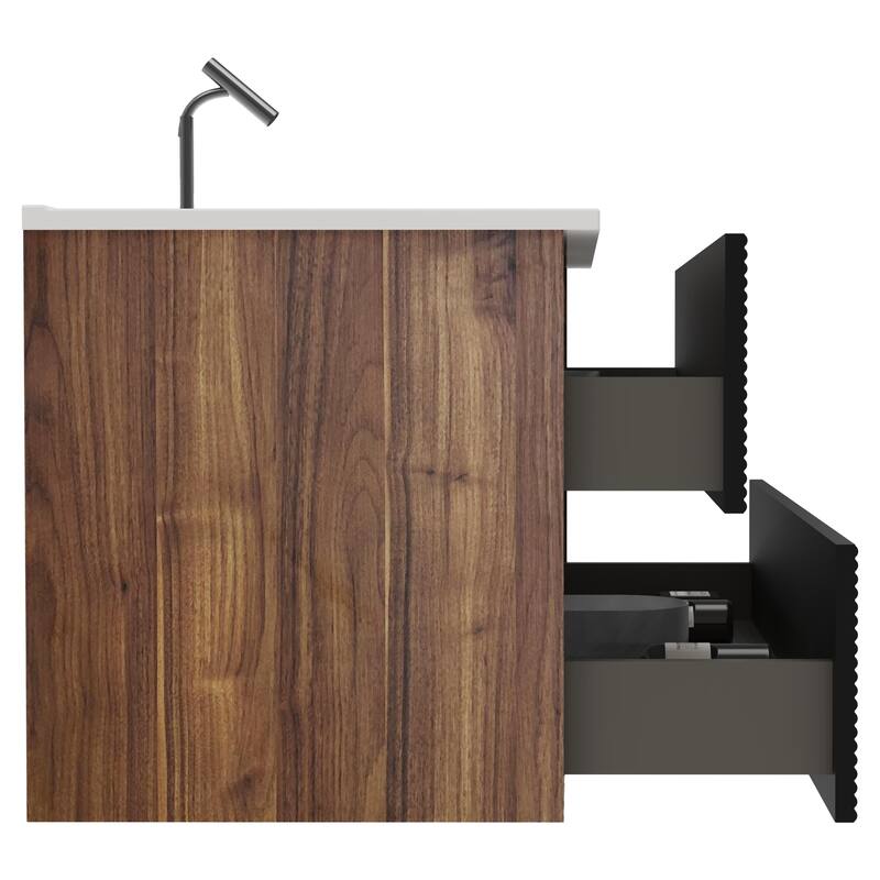 GDFStudio - Gloria Modern Wall-Mounted Floating Bathroom Vanity with Integrated Ceramic Basin & Soft-Close Drawers