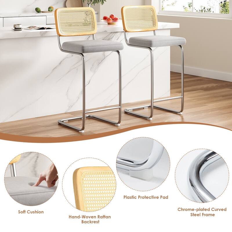 Counter Height Bar Stools Set Of 2, Upholstered Barstools With Rattan Back,30 Inch Stools Armless Bar Chairs
