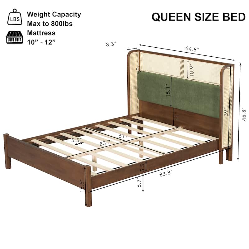 Christopher Knight Home - Mid-Century Upholstered Wood Low-Profile Platform Bed with Rattan Weaving Headboard
