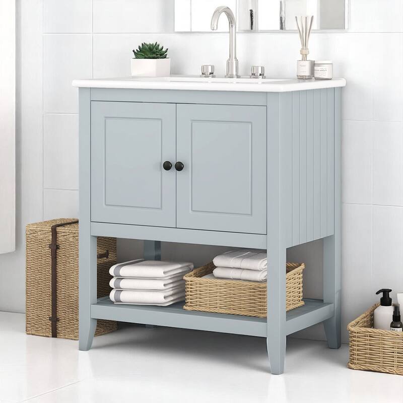 30" Freestanding Bathroom Vanity with Semilune Ceramic Sink, Solid Wood Frame & Open Shelf Design - Grey