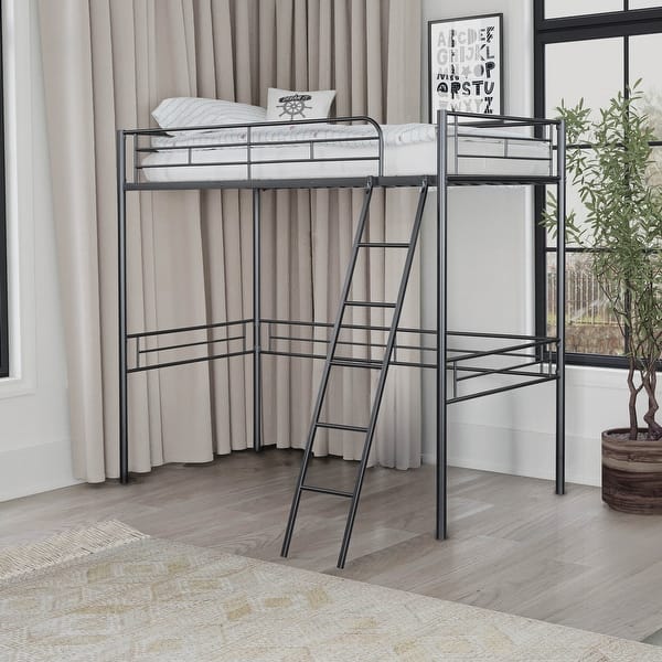 slide 2 of 3, Furniture of America Landers Modern Twin Metal Loft Bed with Attached Angled Ladder Black