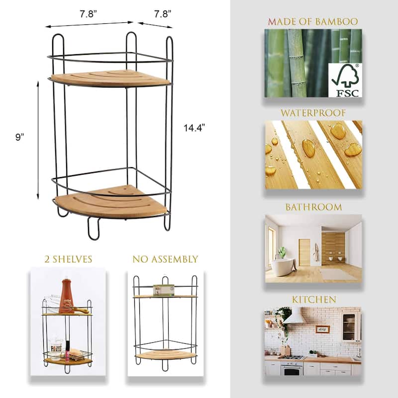 Corner Bathroom Organizer Storage Tower 3 or 2 Shelves Bamboo Black Metal