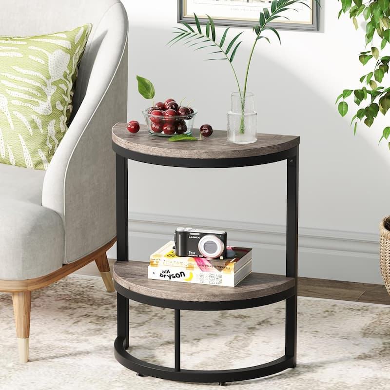 Half Round End Table with Storage, Small Wood Side Table for Living Room - Grey