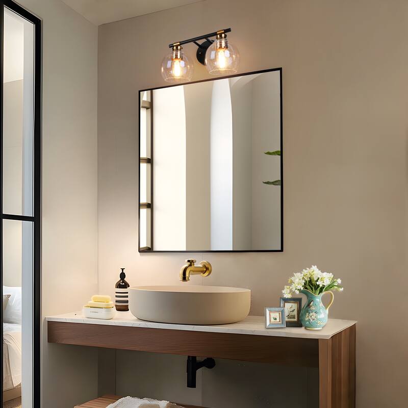 Modern 2/3-Light Black Gold Bathroom Vanity Light Dimmable Globe Seeded Glass Wall Sconces