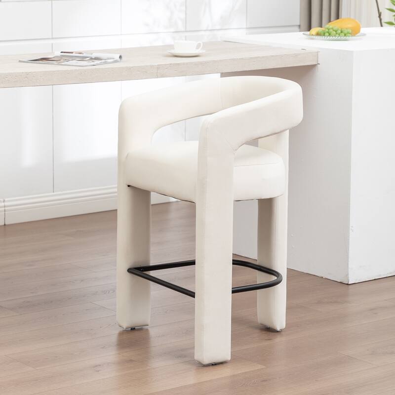 SEYNAR Modern Velvet 34.6''H Fixed Height Open-Back Bar Stool with Metal Footrest