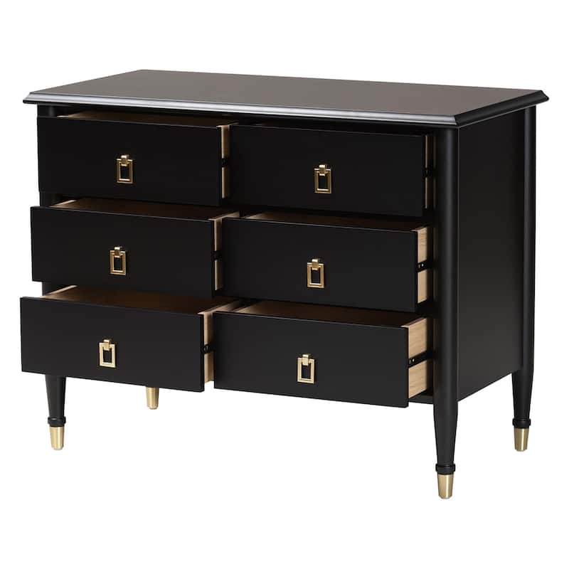 Tamra Black Wood Chest with Drawers - Bedroom Storage Unit with Metallic Accents, 6-Drawer Modern Transitional Bedroom Storage