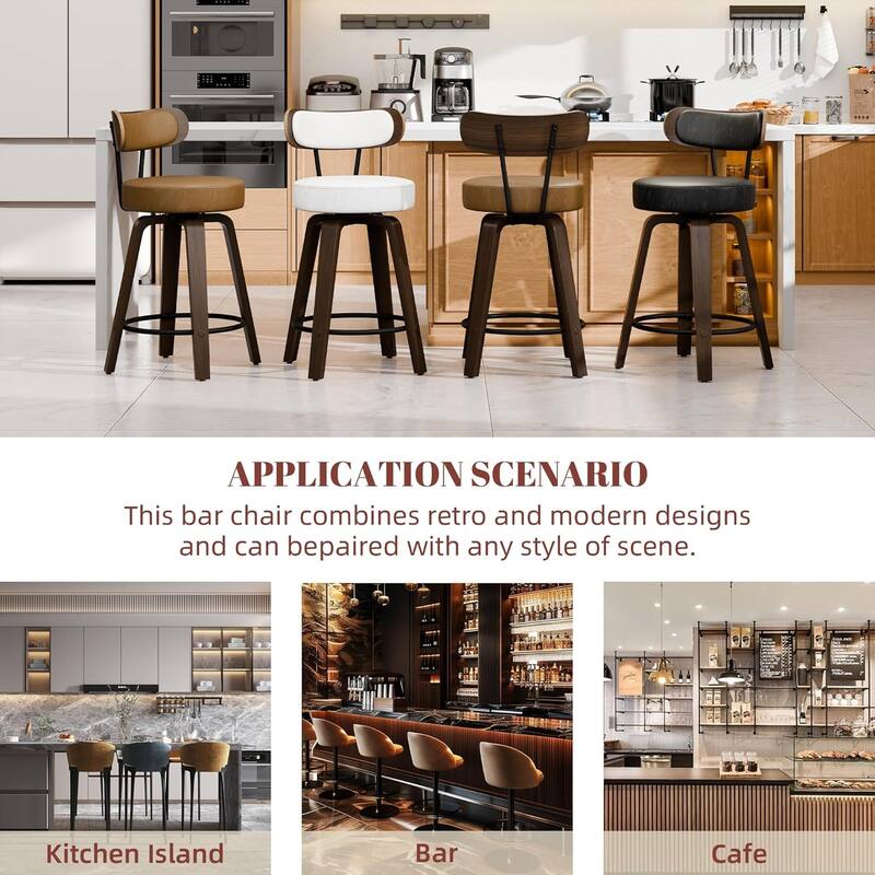 XINMICS 26 Inches Swivel Counter Height Bar Stools with Faux Leather Upholstered Pad Wood Back, Set of 2/3/4