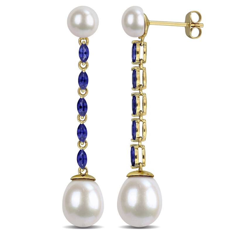Miadora 6-8.5mm Cultured Freshwater Pearl and 1.3 CT TGW Created Blue Sapphire Drop Earrings in 10k Yellow Gold