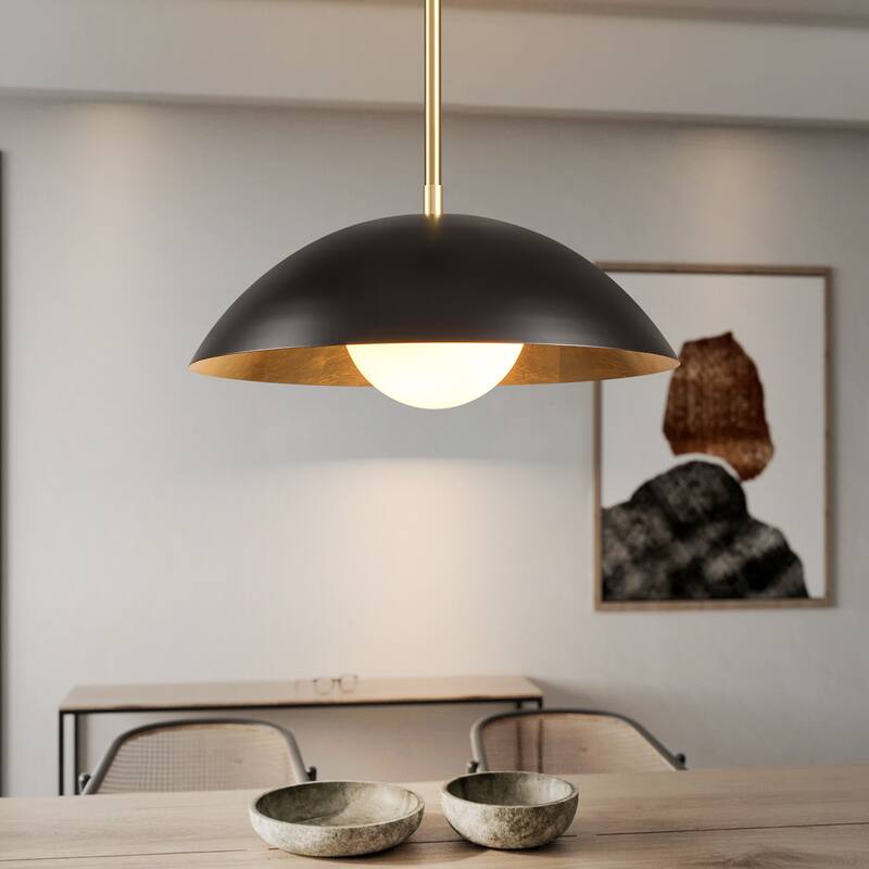 1-Light Modern Black/Gold Leaf Oversized Dome Glass Globe Pendant Light for Kitchen Island