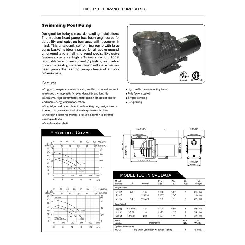 High Performance Self-Priming In-Ground Swimming Pool Pump, 0.75 HP