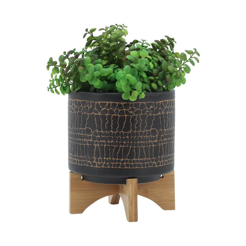 Sagebrook Home Modern Neutral Ceramic Planter Pot with Natural Wood Stand