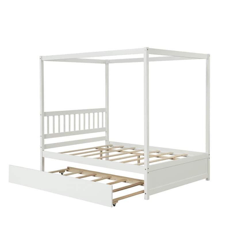 Full Size Canopy Bed with Twin Trundle, Kids Solid Wood Platform Bed Frame w/ Headboard, No Box Spring Needed