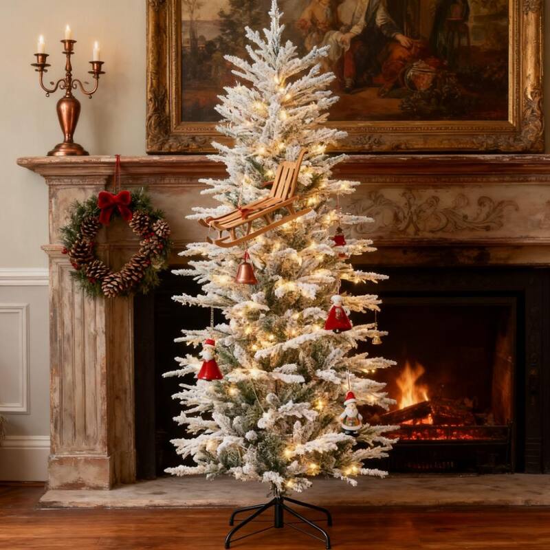 Flocked Artificial Christmas Tree - Snow Branches, Warm Yellow Lights, Auto Open - Green