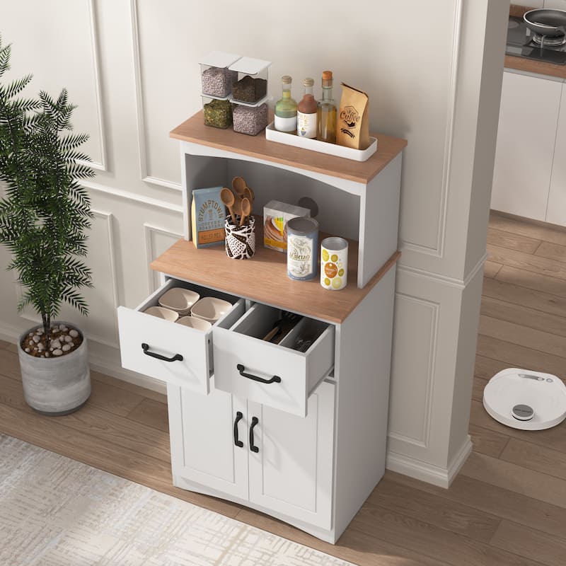 White Wooden Kitchen Pantry Cabinet with Microwave Shelf, Drawer and Closed Cabinets, Pantry Room Storage Microwave Cabinet