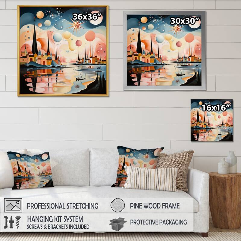 Designart "Vintage City In Retro Pastel Palette I" Abstract Landscape Framed Wall Art Prints