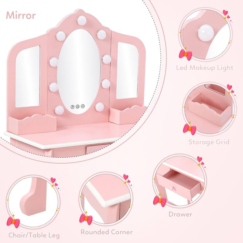Toddlers and Kids Vanity Set with 3 Mirrors and Stool