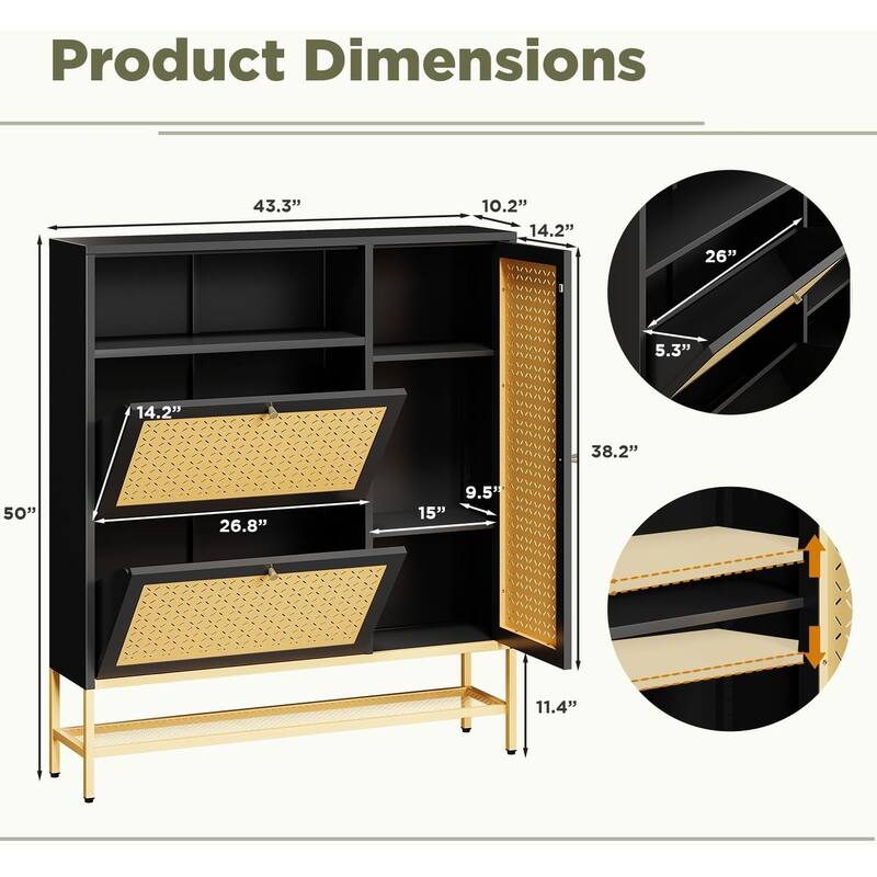 AECOJOY Shoe Storage Cabinet with 2 Flip Drawers with Door & Open Storage - 10.2"D x 43.3"W x 50"H