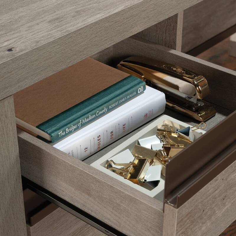 Engineered Wood Contemporary L-shaped Desk with Two Lockable Drawers, Brown