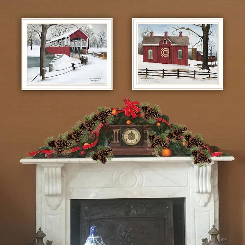 2-Piece Framed Wall Art Set - Lovers Knot Quilt Barn & Covered Bridge, White Frame
