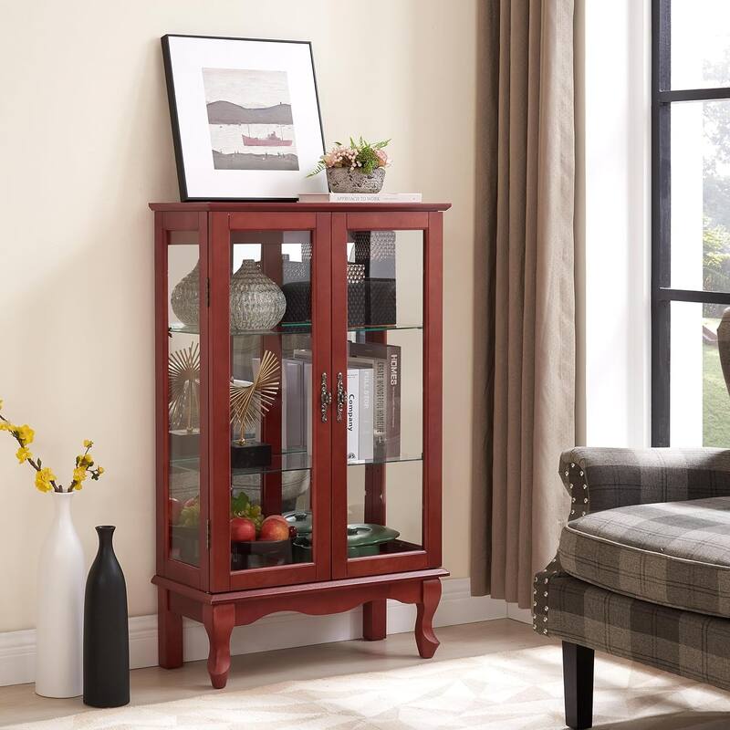 Roomfitters 2 Doors Curio Cabinet with Tempered Glass Doors, Mirrored Back Panel, Adjustable Shelves, Lighted Display Cabinet