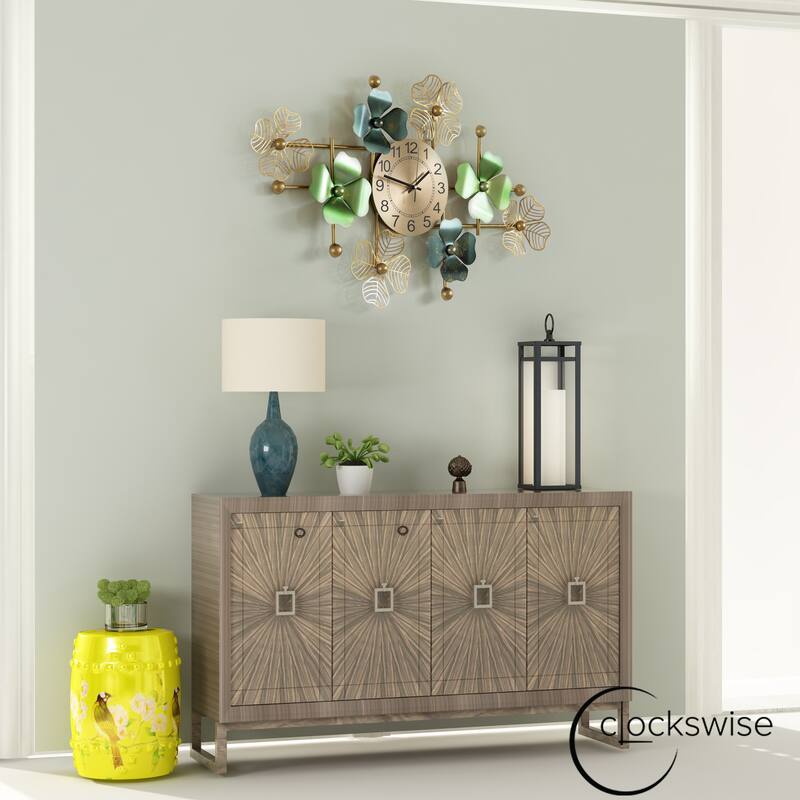 Big Leaf Art Wall Clock, Metal 33.50” Oversize Timepiece – Mounted vertical or horizontal – Hanging Supplies Included