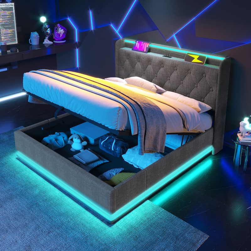 King Size Upholstered Bed with LED Function and USB Charging