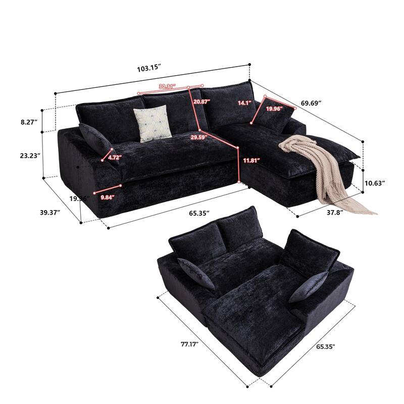 103" L-Shaped Cloud Sectional Sofa with Chaise, Upholstered Boneless Couches for Living Room, Modern Modular Chenille Sofa