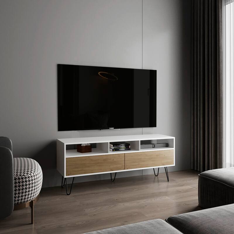 Modern design TV Stand, 2 Doors, 3 Shelves, 5 Legs with spacious storage,FSC Certified CPSIA Compliant - White