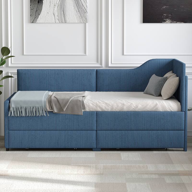 Vertical Lines Upholstered Platform Bed Frame with 2 Storage Drawers, L-Shaped Corduroy Daybed Sofabed - Blue - Twin
