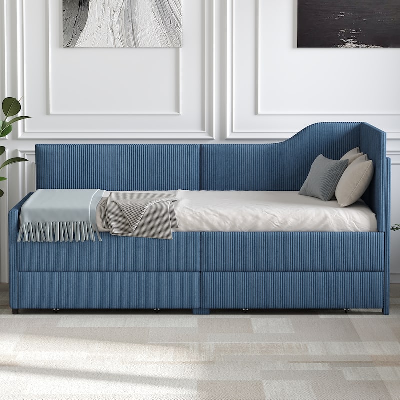 L-Shaped Twin Daybed with Storage Drawers, Corduroy Upholstered Frame, Blue